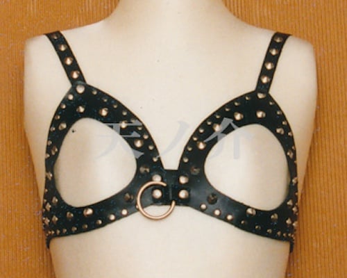 Metallic Leather Open-Breasts Restraint Bra with Studs
