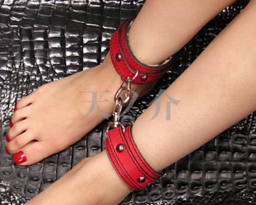 Instant BDSM Leather Ankle Cuffs Red and Black Stitching