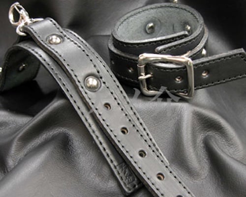 Instant BDSM Leather Ankle Cuffs Black Stitching