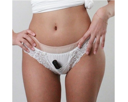 Shiny Lace Half-Back Panties with Vibe Pocket White L