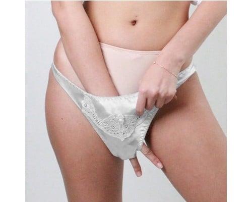 Shiny Stretchy Lace Full-Back Panties with Hole White