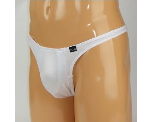 Men's Glossy Stretchy Thong with Ball Sack M White