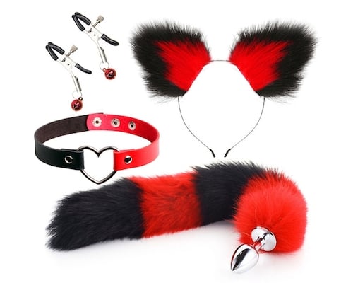 Catgirl Cosplay Costume Restraint Set Red and Black