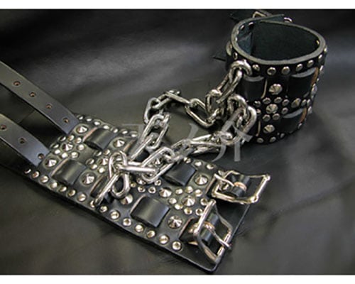 Studded Leather Wrist Cuffs with Chain
