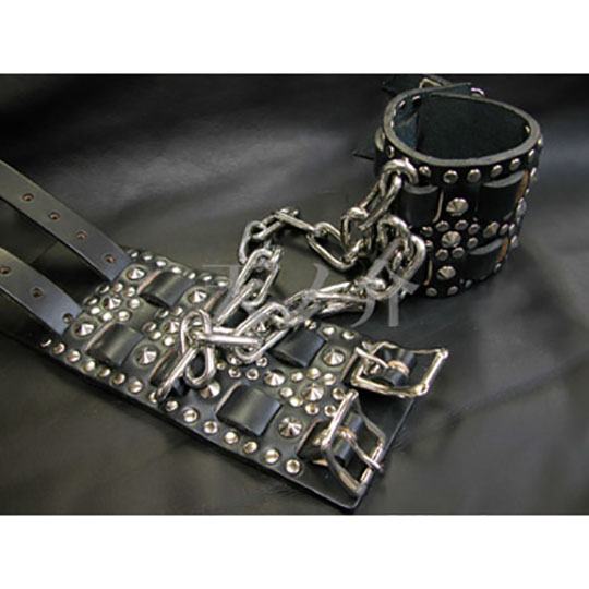 Studded Leather Wrist Cuffs with Chain